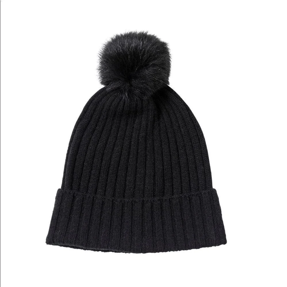 AMICALE Cashmere Genuine Shearling Pompom Beanie Hat, Color: Black, One Size NWT